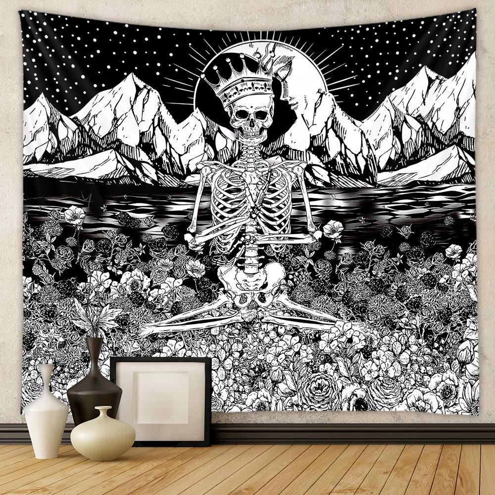 The Lovers Tarot Card Tapestry Skeleton Kissing Wall Hanging Vintage Floral Polyester Decor for Bedroom Living Room Aesthetic