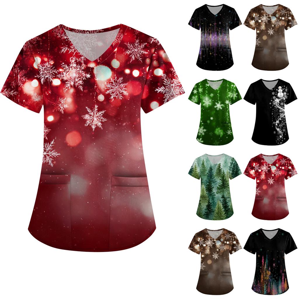 Women's Printing Uniform Work Uniform V-neck Pockets Basic Short Sleeve Pullover Top