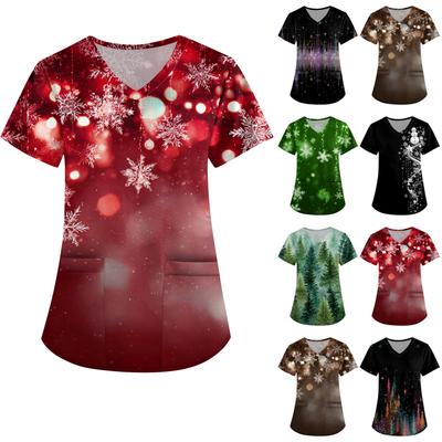 Women's Printing Uniform Work Uniform V-neck Pockets Basic Short Sleeve Pullover Top