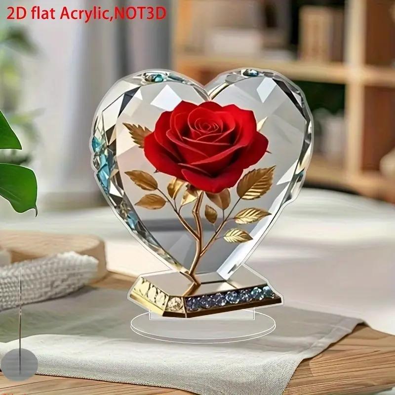 1pcs Acrylic Bohemian Heart Shaped Sculpture Ornament with Red Roses and Gold Accents Elegant Desktop Decora for Home or Office