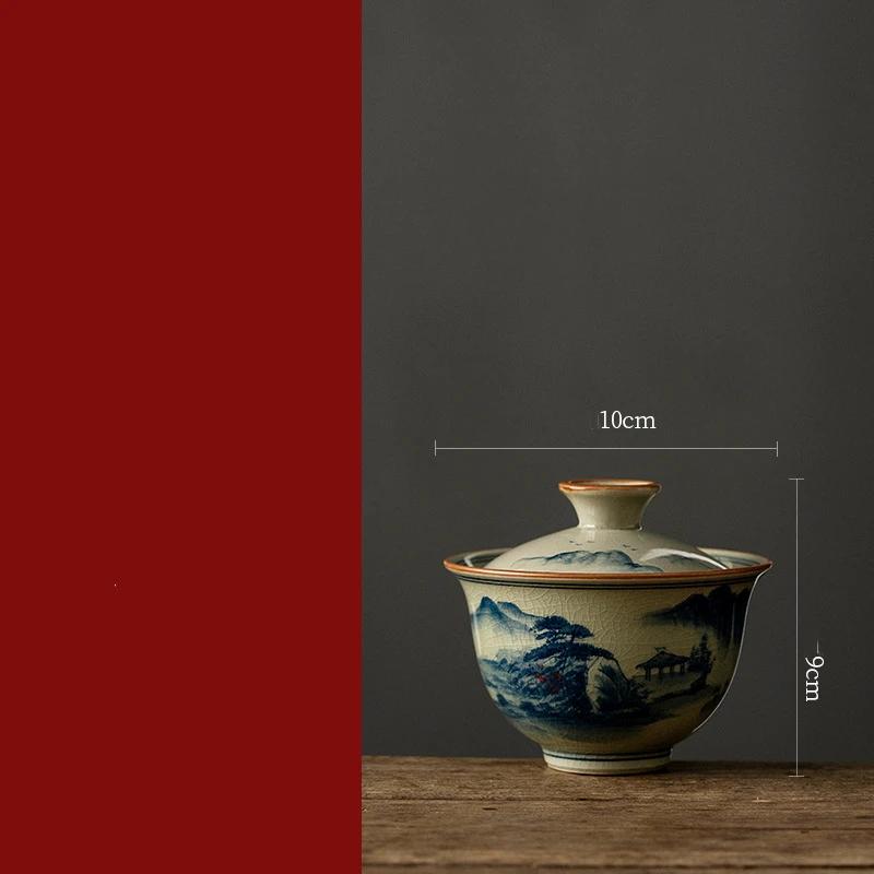 Hand Painted Ceramic Opening Landscape Gaiwan For Tea Tureen Teaware Cup Chinese Tea Bowls Vintage Chawan Tea Ceramony Set