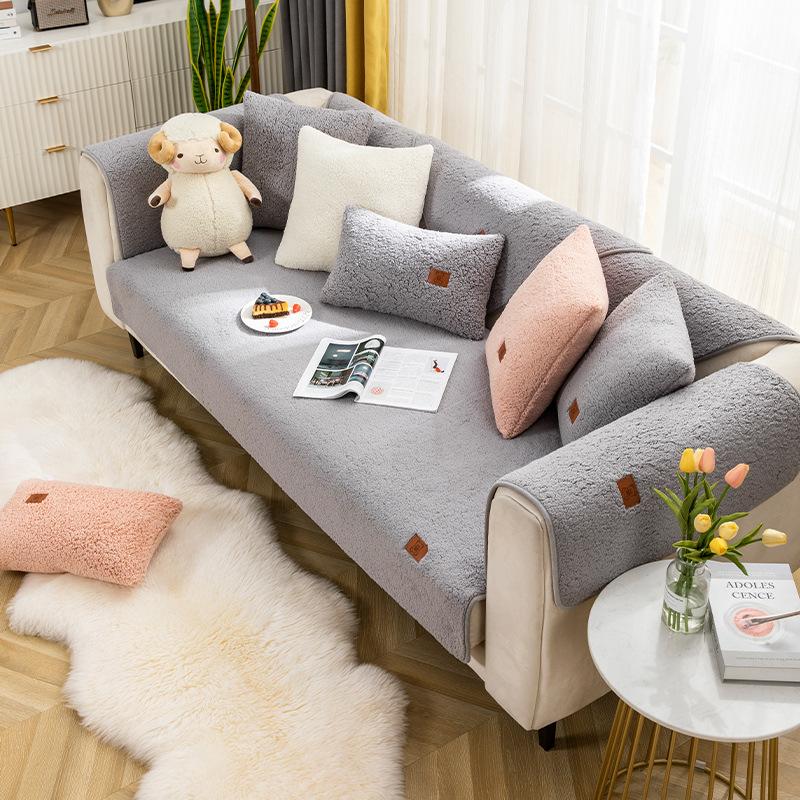 Winter Thickening Lambswool Sofa Cushion Non-Slip Simple Cute Fabric Seat Cover Pillow for Cozy Home