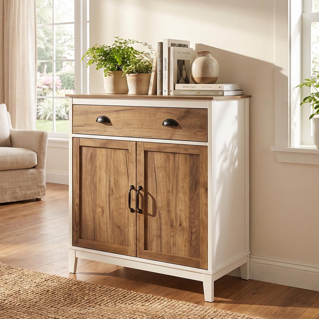 Living Room Sideboard, 2 Doors, Drawer, Adjustable Shelf, 78.5 x 39 x 89.4 cm, White and Oak