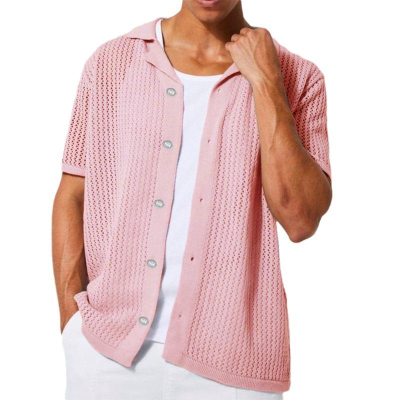 Men's Knit Short Sleeve Button Down Shirt Hollow Out Casual Top.