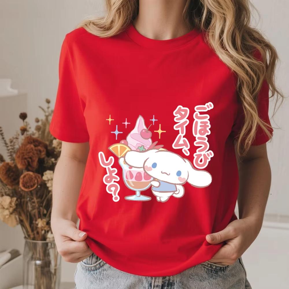 

2026 Summer Womens Cotton T Shirt Cinnamoroll Dessert Time Print Casual Soft Breathable Everyday Summer Top S
