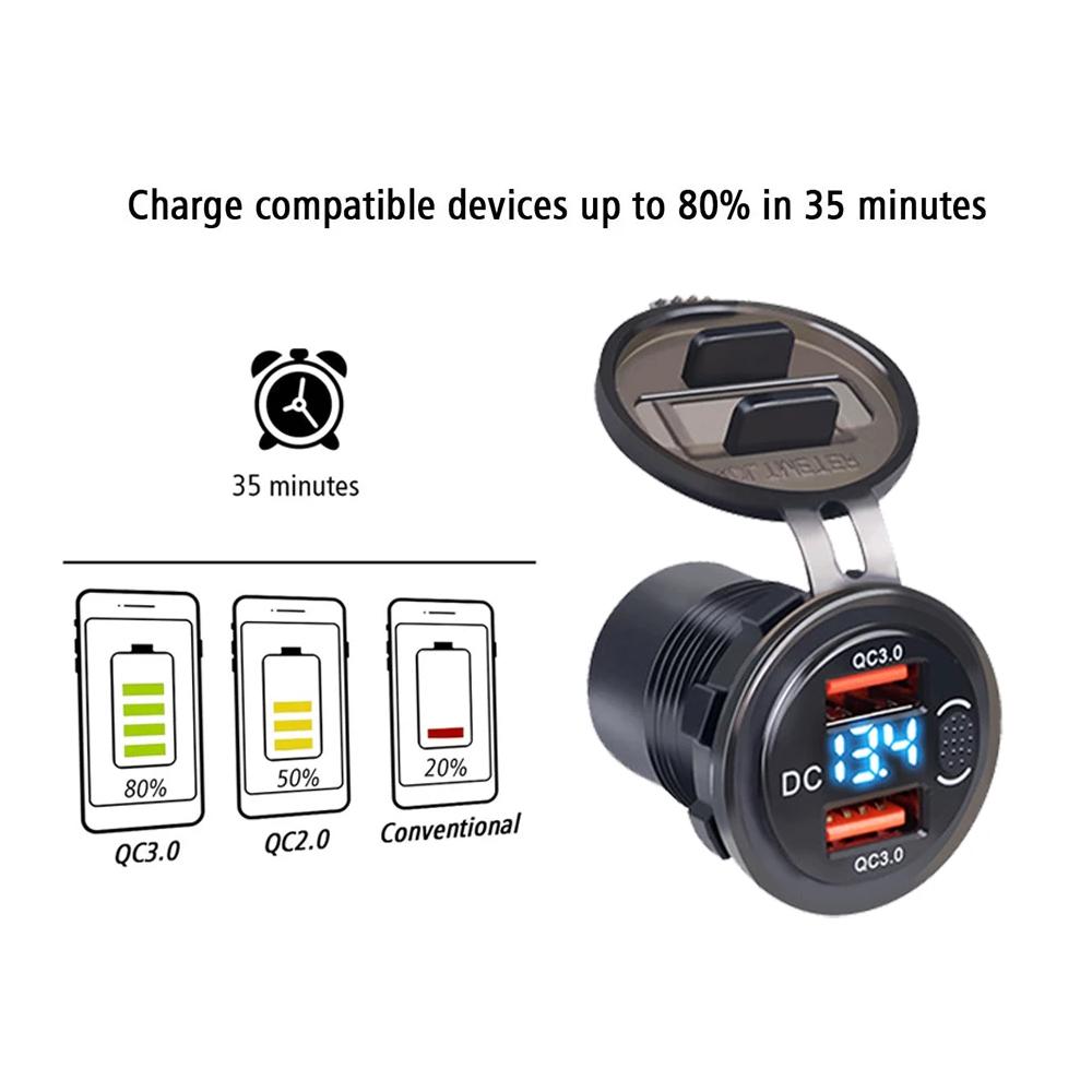 Dual Qc3.0 Car Charger Cigarette Lighter Socket Waterproof Usb Fast Charge with Voltmeter Switch 12/24V Quick Charge Adapter
