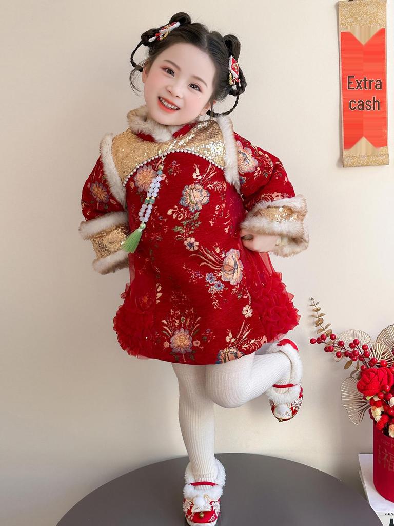 Jupe Hanfu Qipao Festive d'Hiver pour Filles - Style Chinois Épais pour le Nouvel An Combinaison Tang Vêtement Formel