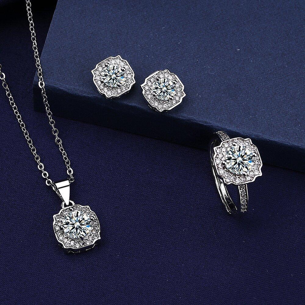 925 Sterling Silver Fashion Light Luxury Petal Styling Zircon Necklace Earrings Ring Set Birthday Party Anniversary Gift