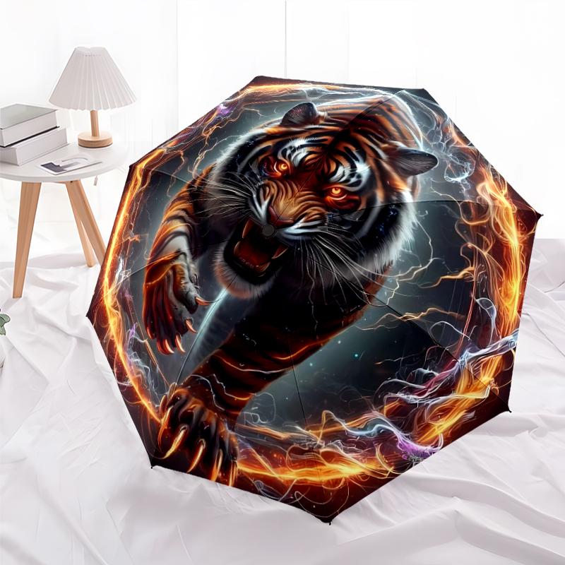 

1 PC Automatic Folding Umbrella - Fire Tiger Pattern, Portable & Foldable Design with 8 Ribs, Christmas Birthday Gifts