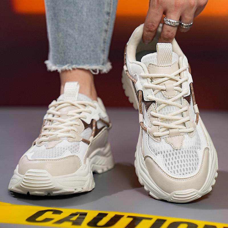 2024 Summer Couple s Breathable Flyknit Sneakers: Trendy Thick Sole Mesh Shoes for Men & Women 46 бежевый