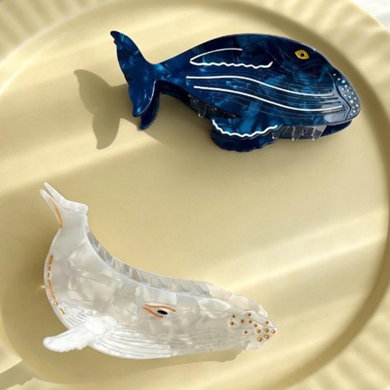 Stylish Acetate Hair Claw Clip Ocean Theme Hair Barrette Feature Marine Life Theme White Blue Ponytail Holder