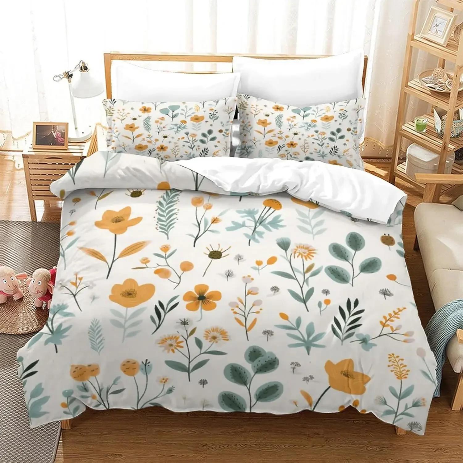 

Comforter Botanical Floral King Leaves Flowers Bedding Set Microfiber Spring Blossom Single Double For Teen Adults Comforter (quilt)-EU Single(135*200cm)3pcs
