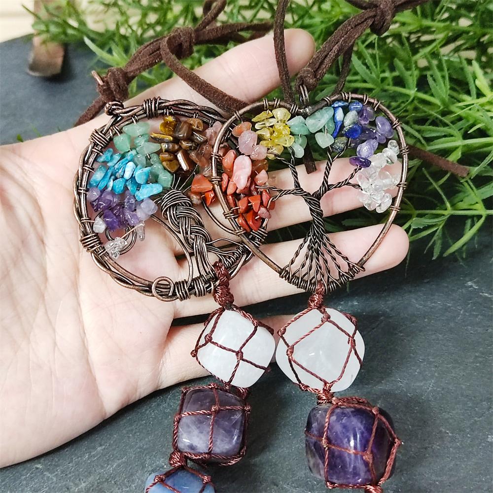 Hand Woven Healing Natural Stone 7 Chakra Energy Car Rearview Mirror Decor Ornament Gems Chip Tassel Tree of Life Car Hanging