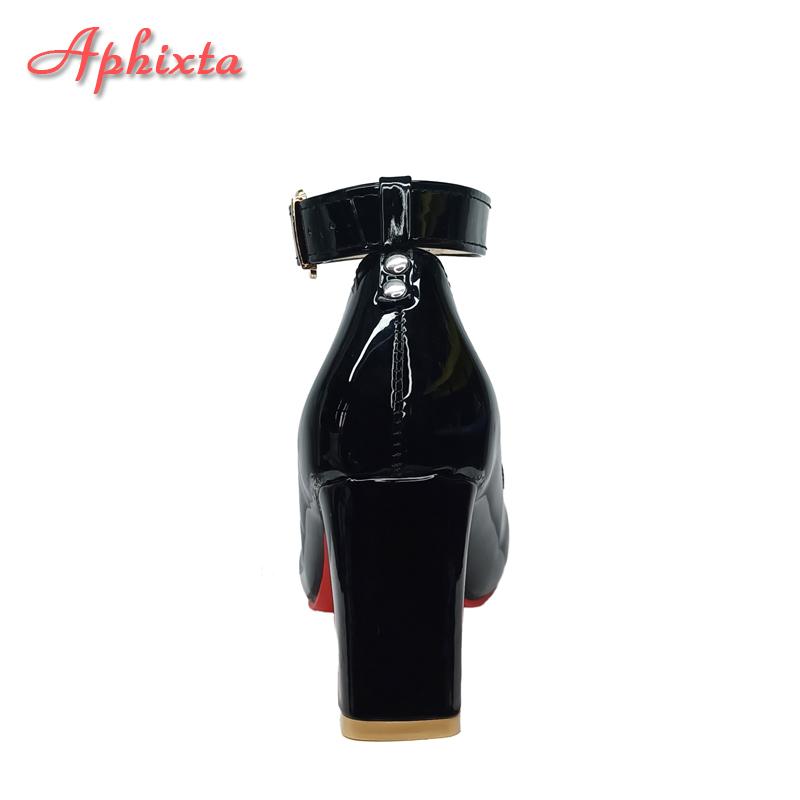Fashion Aphixta Super Big Size 51 52 53 Patent Leather 7cm Chunky Heels Official Pumps 2cm Belt Buckle Pointed Toe Women Black Shoes