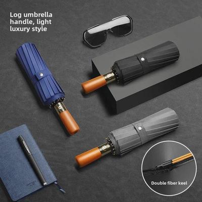 24-Rib Automatic Folding Umbrella: Wind-Resistant, Wooden Handle, Sun & Rain, Black, Unisex