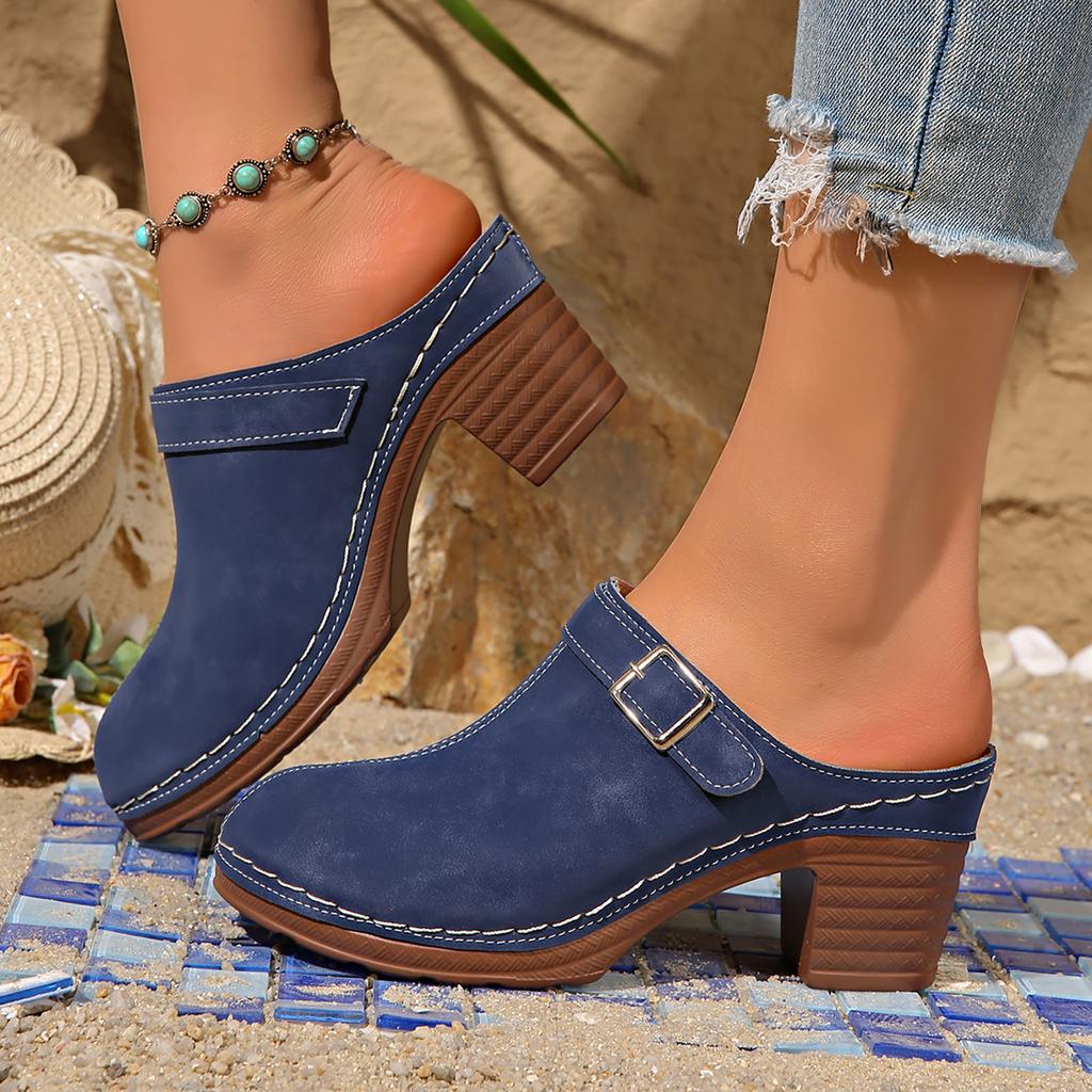 Scarpe da Donna Retro con Tacco Chunky, Schiena Scoperta, Scamosciate, Punta Tonda, Tacco Medio Sandali Bassi da Donna Sandali Huarache da Donna