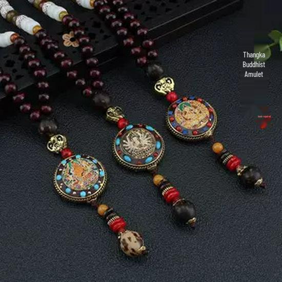 Ethnic Nepal Thangka Pendant Necklace with Wooden Beads