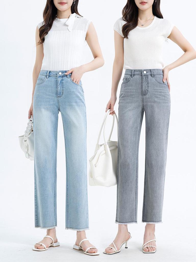 Sommer 2025 Petite High-Waist Cropped Baguette-Jeans mit ausgefranstem Saum 8171