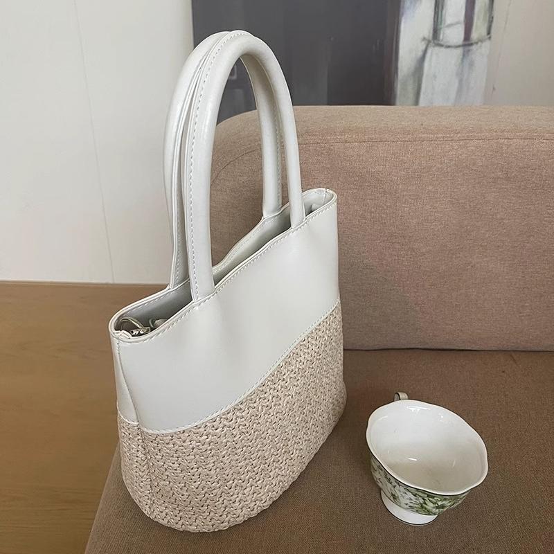 Women's Handbags Fashion Straw Patchwork Leather Top Handle Bags Summer Large Capacity Tote Bags Casual Beach Crossbody Bags