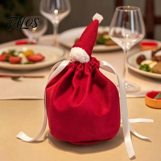 Fabric Drawstring Bags for Gifts Christmas Gift with Santa Hat, Reusable Velvet Xmas Goodie Sacks, Festive Decorative Apple Storage Candy Treat Pouch