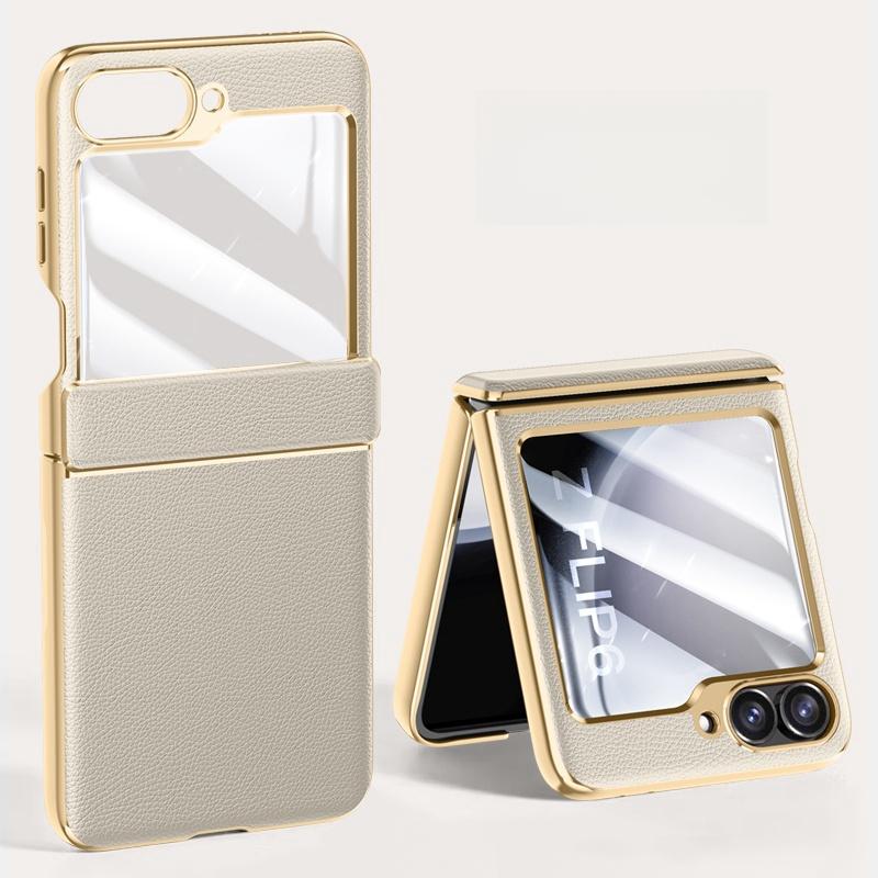 Electroplated Skin Friendly Leather Phone Case for Samsung Galaxy Z Flip 7 6 5 Tempered Film Shockproof Plating Fold Hinge Cover