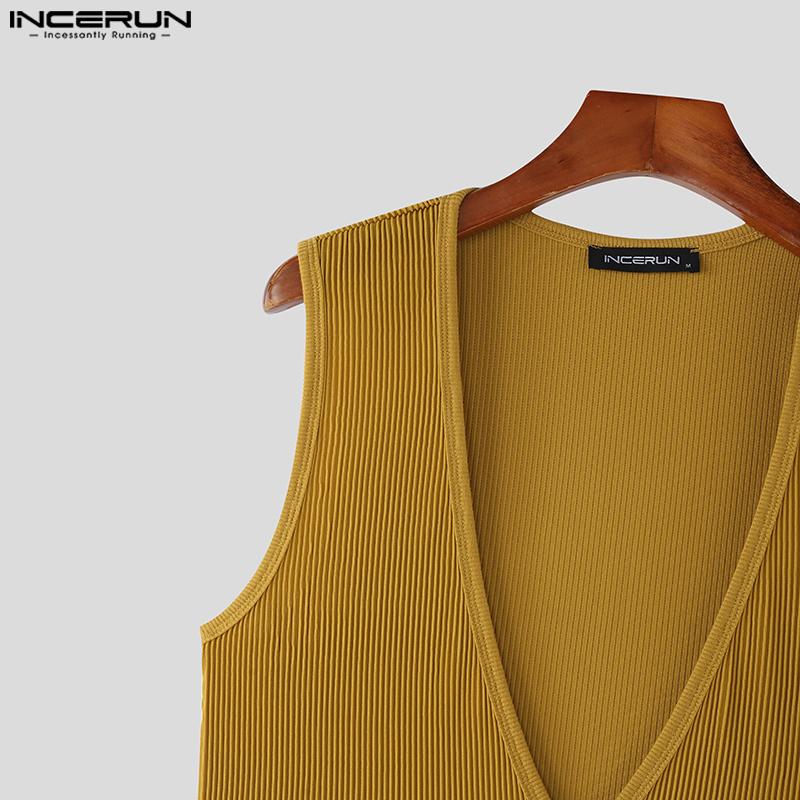 INCERUN Summer Men Deep V Sleeveless Solid Casual Fitted Rib Tank Tops Undershirts