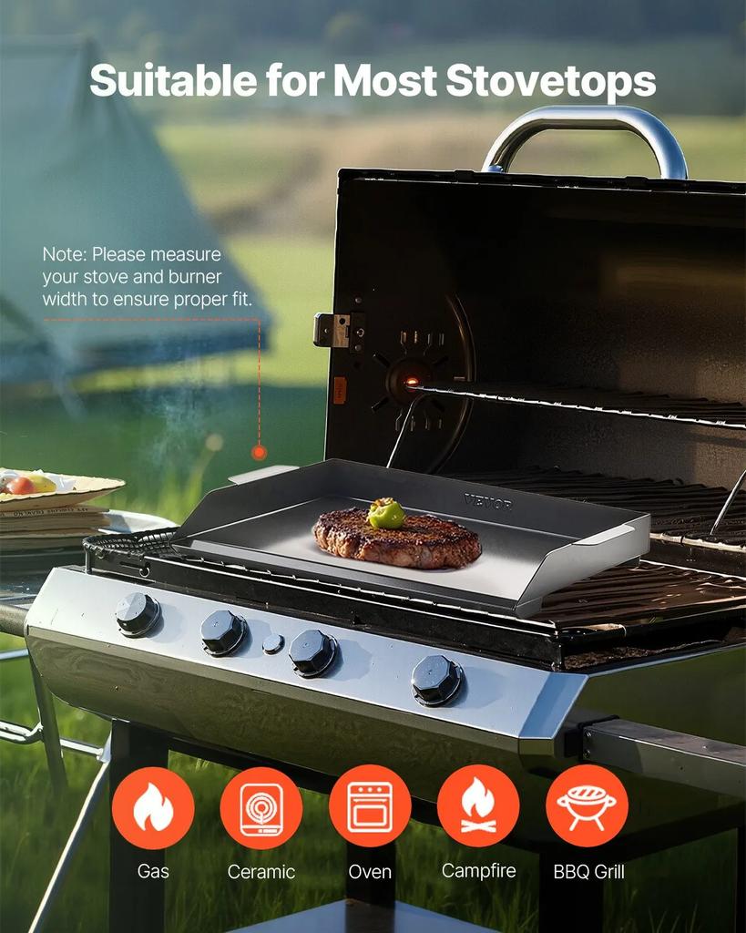 VEVOR Carbon Steel Griddle, 22x16 inch Universal Flat Top Rectangular Plate, Gas Grill Griddle for BBQ Grill, Teppanyaki, Portable Family Cookware