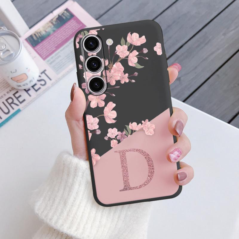 Initial Letter A Z Phone Case For Samsung Galaxy A55 A54 A56 A06 5G Cover Pink Flowers Soft Silicone Back Funda Coque TPU Bumper