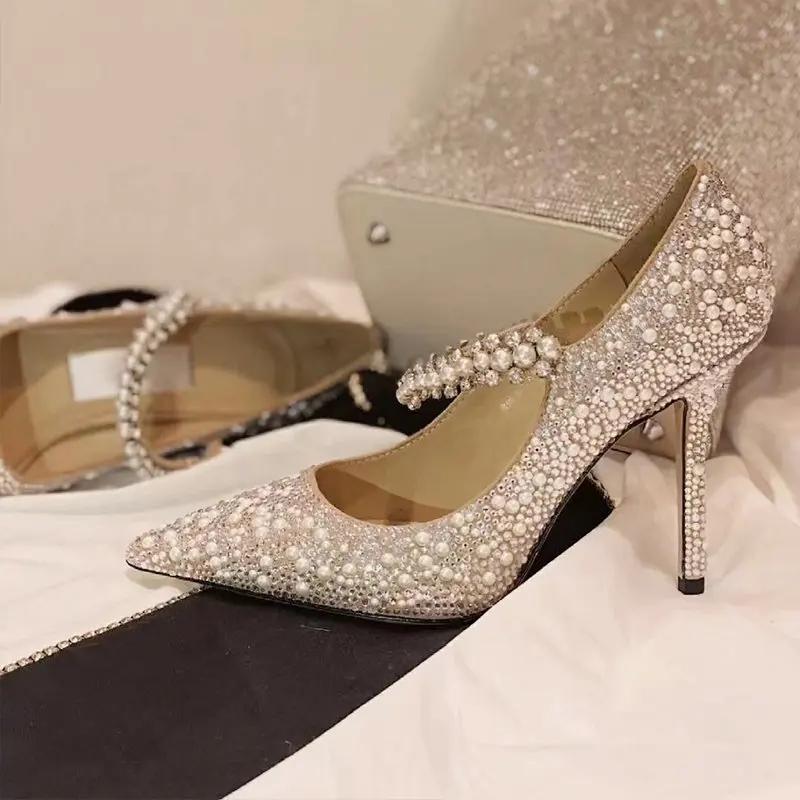 Fashion Bridesmaids Banquet Heels For Women 2025 New Skinny With Bride Wedding Shoes Dress Pearl Crystal Annual Meeting Single Shoes