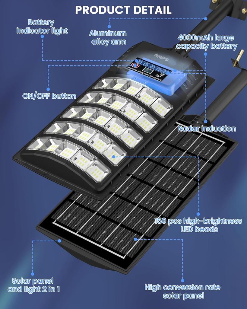 Solar Street Lights Outdoor 6500K IP68 Flood Light with Motion Sensor for Garden, Road, Warehouse - 2Pack