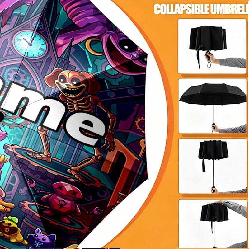Custom Name Personalized Poppy Playtime Print Umbrella, Auto Open Close, 8‑Rib Sturdy Frame, Commute Camping Hiking Use, Birthday Gift