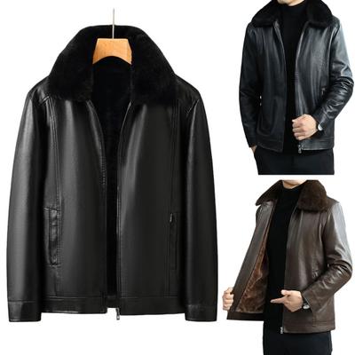 Faux Leather Jacket Furry Lapel Long Sleeve Zipper Placket Coat Thickened Plush Lining Business Casual