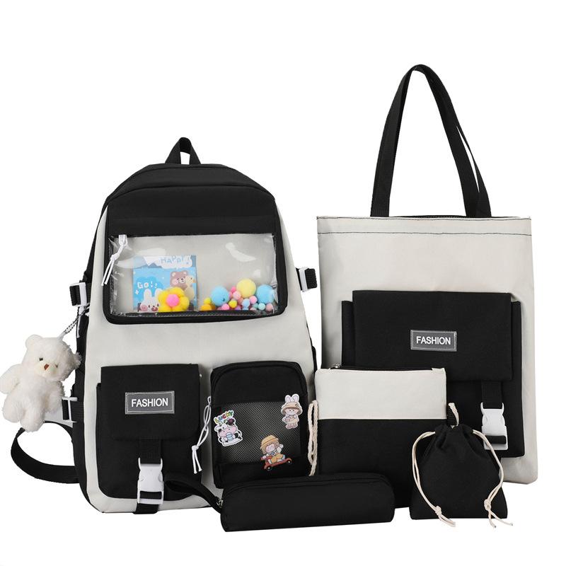5pcs/set Kawaii School Bags for Teenage Girls Casual Canvas Large Capacity Student Bookbags Women Travel Backpack Shoulder Bags