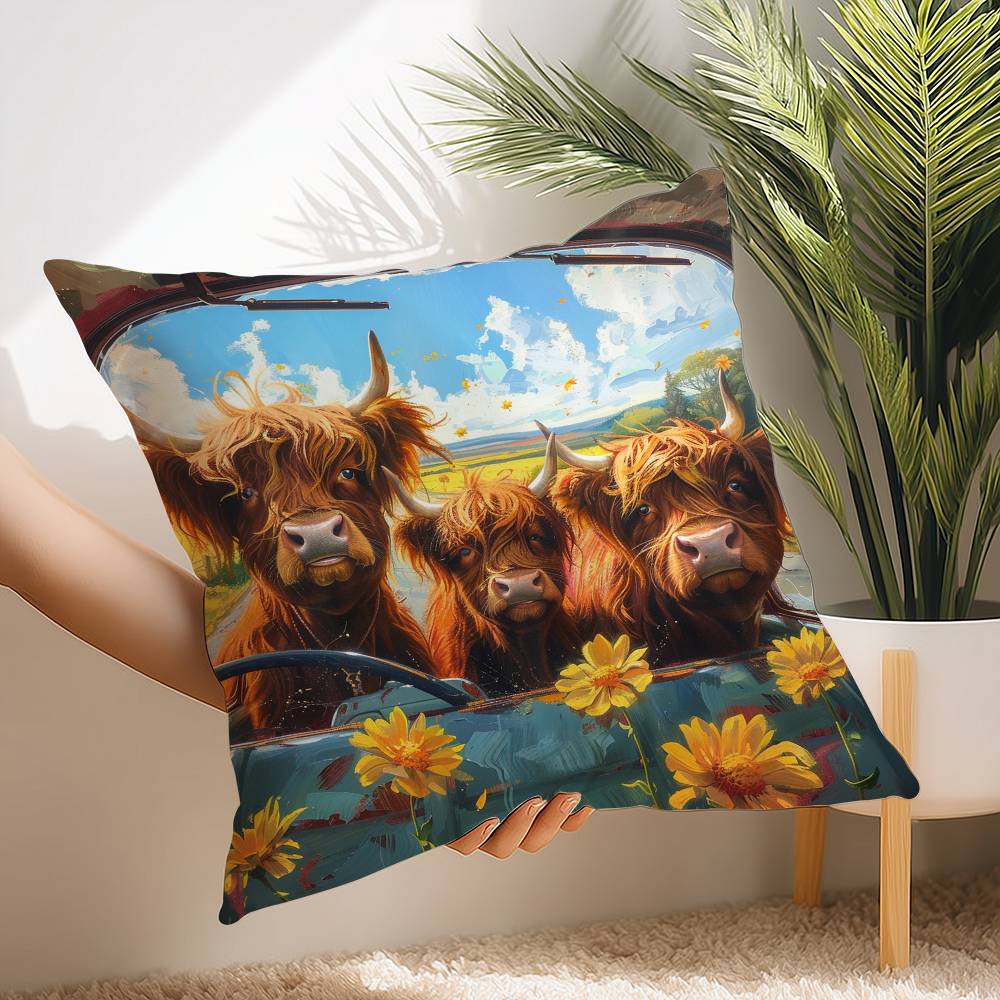 Vibrant Highland Cow Pattern Pillow Case Short Plush Print Cushion Cover Square Throw Pillow Covers Sofa Home Decor