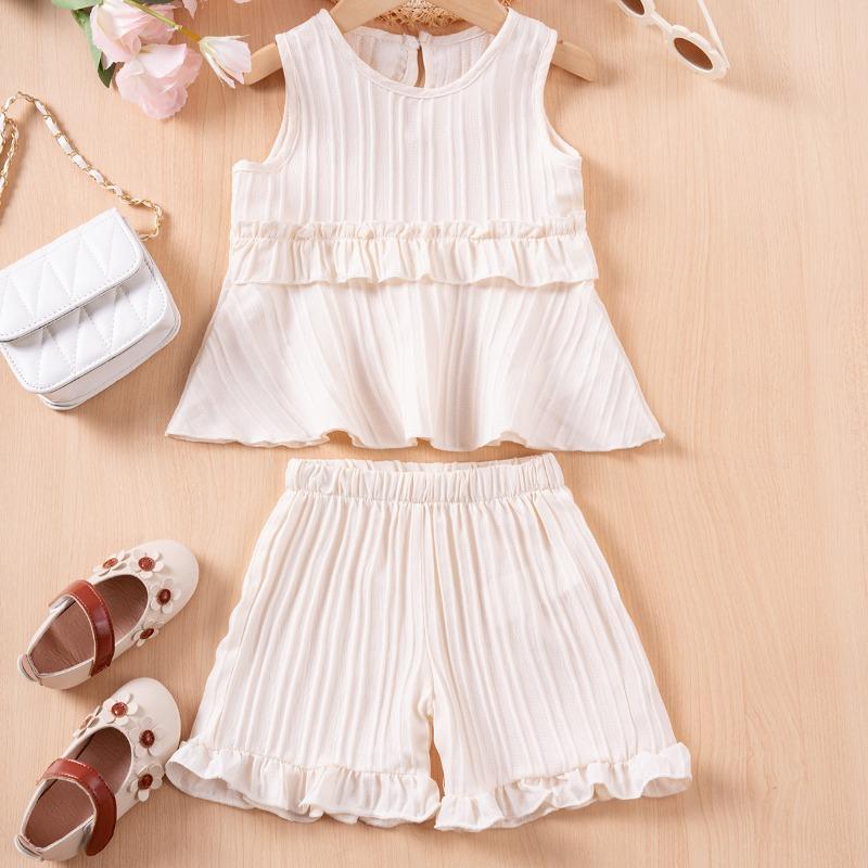 

2025 Girls Summer Set - Sleeveless Ruffle Shorts Outfit, Lightweight Breathable 2-Piece Playwear for Toddlers 80CM білий