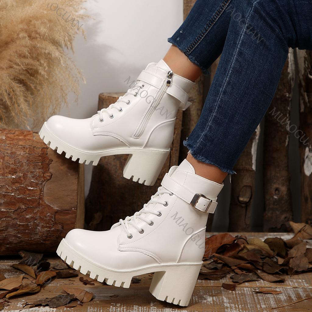 Fashion Women Boots Autumn and Winter New Belt Buckle Thick Bottom Lace-up Short Botas White Chunky High Heel Goth Platform Shoes Women