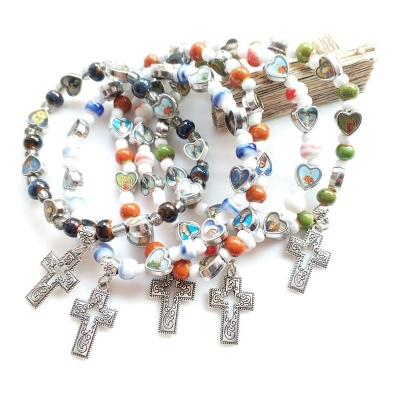 Jesus Cross Rosary Bracelet Lady Virgin Mary Jesus Cross Handmade Bead Chain Rose, Sacred Heart Compassion Rosary Bracelet Gift