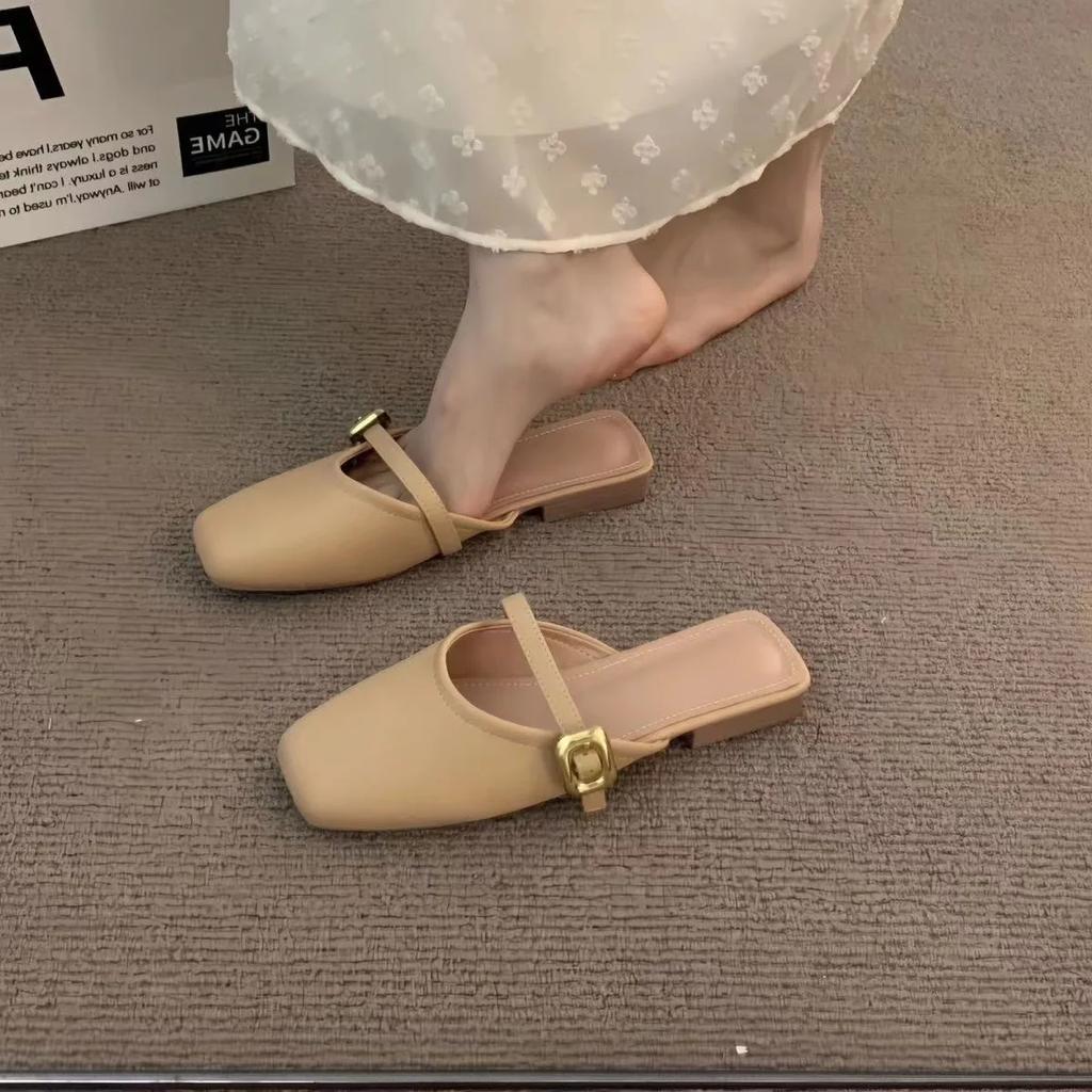 2025 Summer New Women's French Chic Closed Toe Half Slippers Versatile Casual Flat Bottom Shallow Mouth Footwear