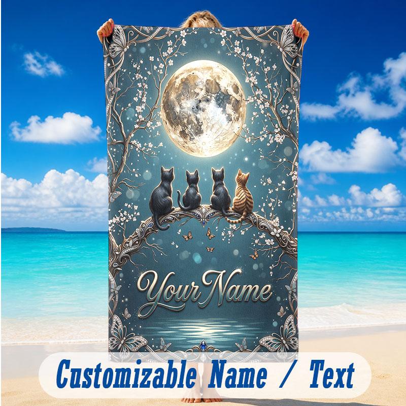 Cat Theme Beach Towel Personalized Custom Name & Text Soft Quick Dry Beach Towel for Swimming Travel