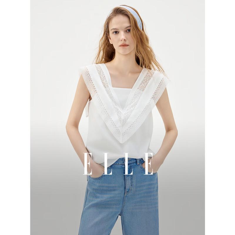 ELLE Vacation Style Lace Patchwork V-Neck Blouse S