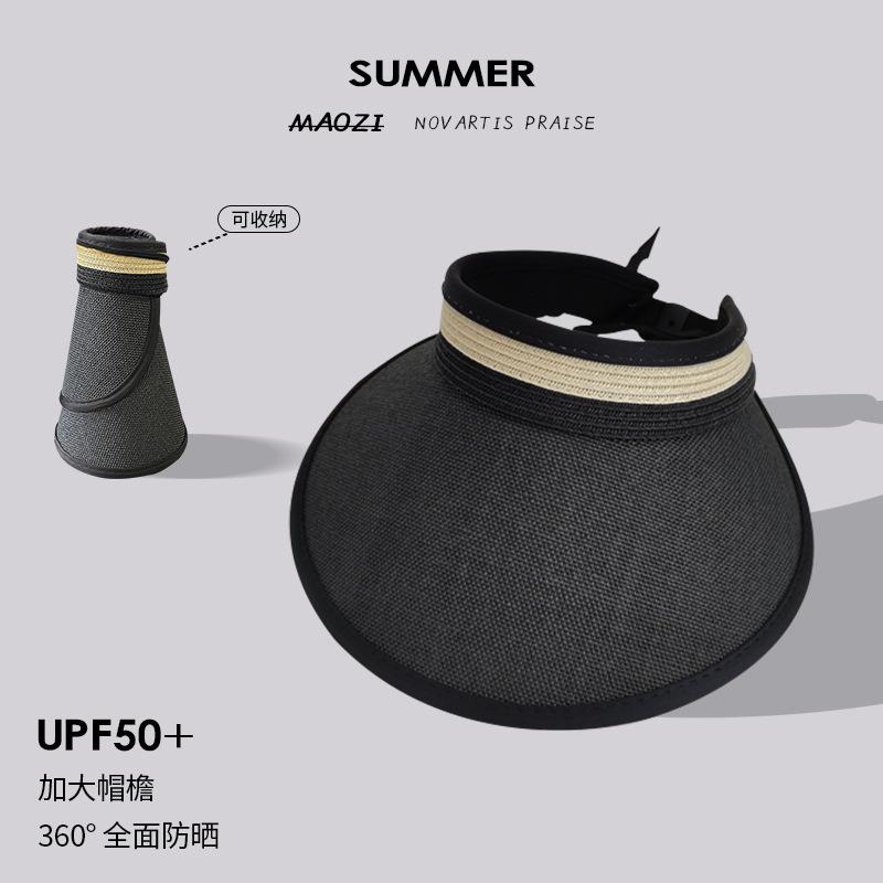 Wide-brimmed open-top straw hat for women, summer travel UV protection sun hat, beach straw woven black-coated sunscreen hat