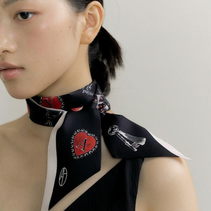 

AVVINA PELLE Cherry Charm Long Twilly Silk Scarf - Black Black