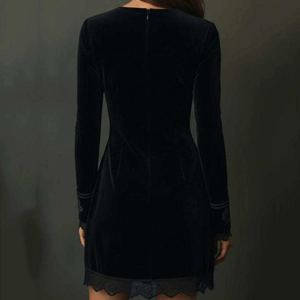 Women's Velvet Embroidered Floral Dress V,Neck Long Sleeve Lace Hem Evening Gown