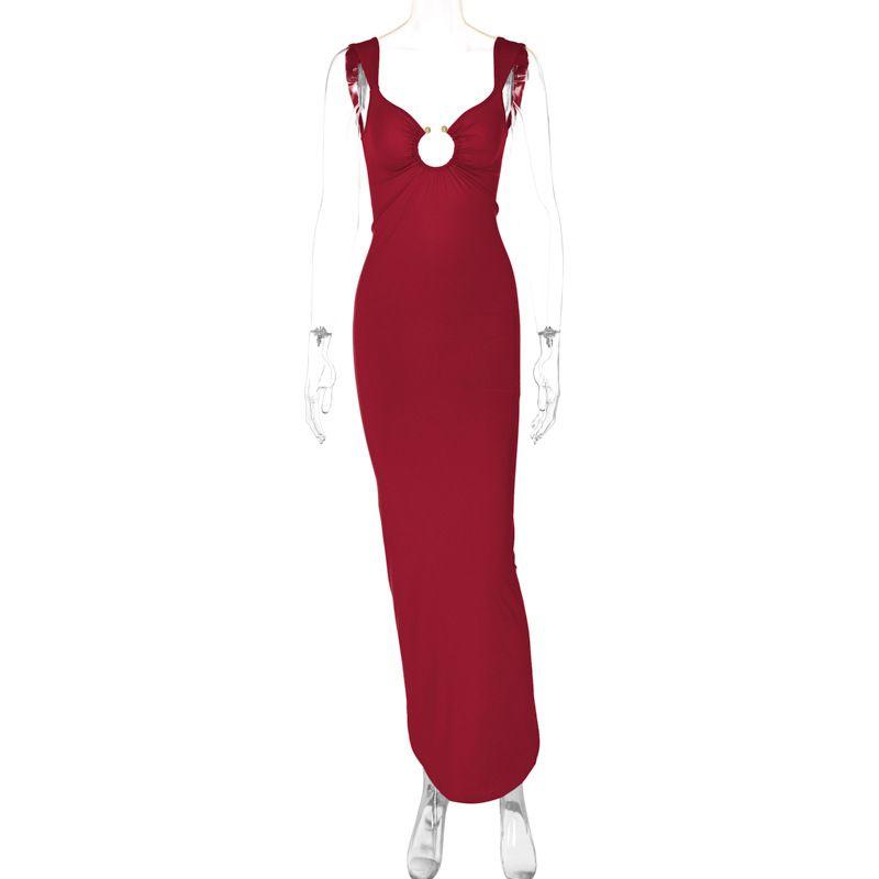 2024 Western Style Ring Buckle Hollow Out Low Cut Sling Over the Knee Long Dress Sexy Gyaru Backless Split Dress
