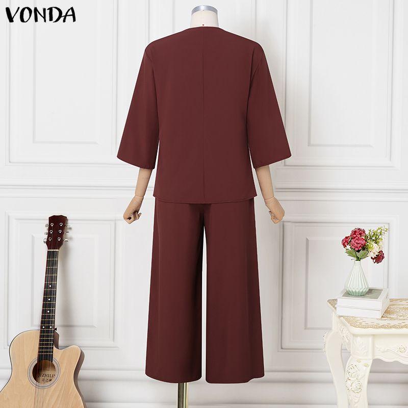 VONDA Women Sets Long Sleeve Side Cross Blouse and Pants Casual Two Piece Suit Sets