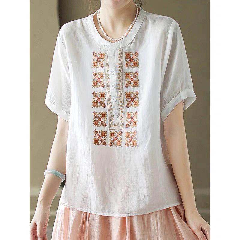 Large Size Clearance Original Summer Chinese Style New Ethnic Cotton and Linen Embroidered Top Shirt Round Neck Small Shirt Short Sleeves