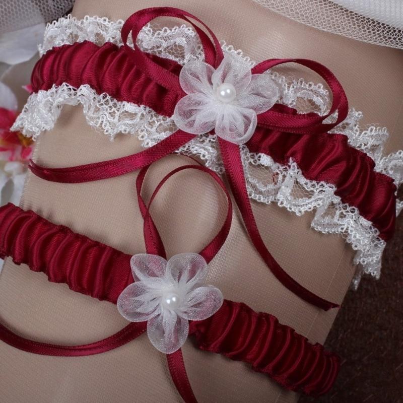 2 Stück Elegantes Spitze Braut-Strumpfband-Set mit Perlen, Blume und Schleifen für Hochzeiten, Verlobungsfeiern und Junggesellinnenabschiede