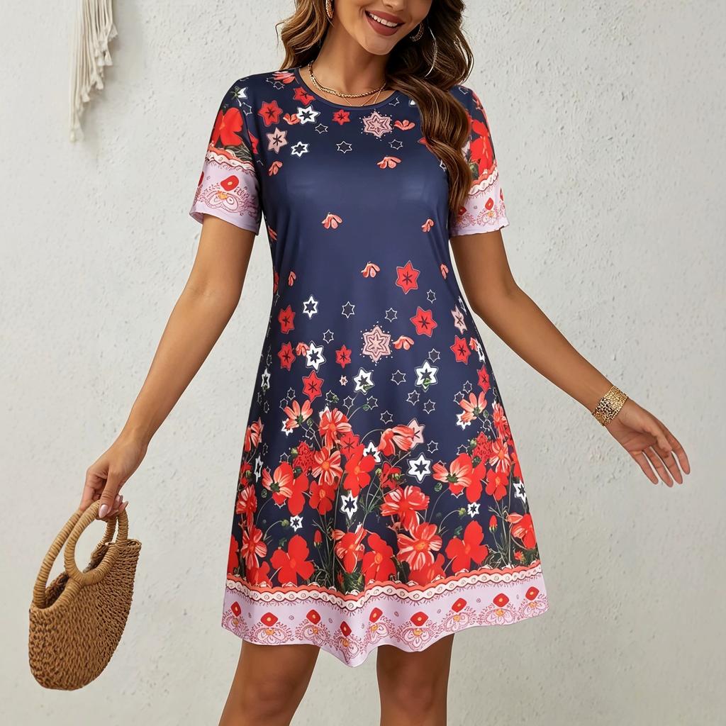 Spring and summer European and American women's clothing new full body ethnic style plant flower printing short sleeve crew neck dress women