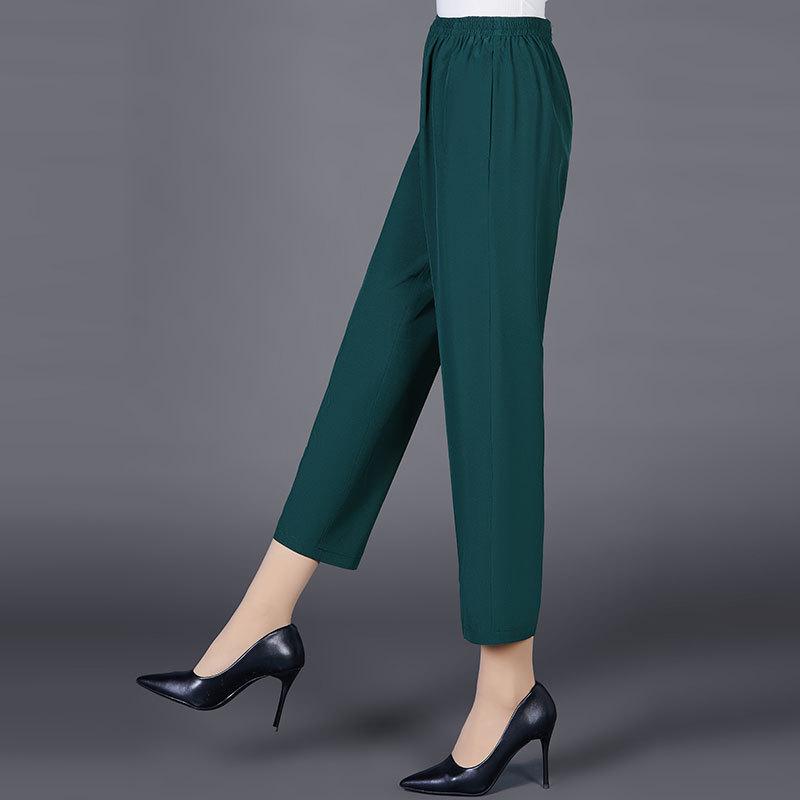 Summer Ice Silk High-Waist Elastic Pants for Middle-Aged and Older Women - Casual, Loose-Fit, Straight, Nine-Point Length