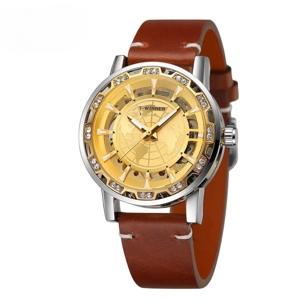 Erkek Moda Rahat Klasik Popüler Yapay Elmas İçi Boş Manuel Mekanik Saat İzle